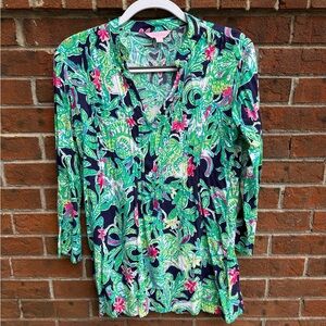 Lilly Pulitzer Green Blue Tropical Blouse Shirt Size XS Women’s